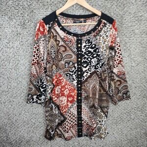 Susan Graver Artisan Top Womens XL Brown Paisley Print Blouse Stretch Ladies